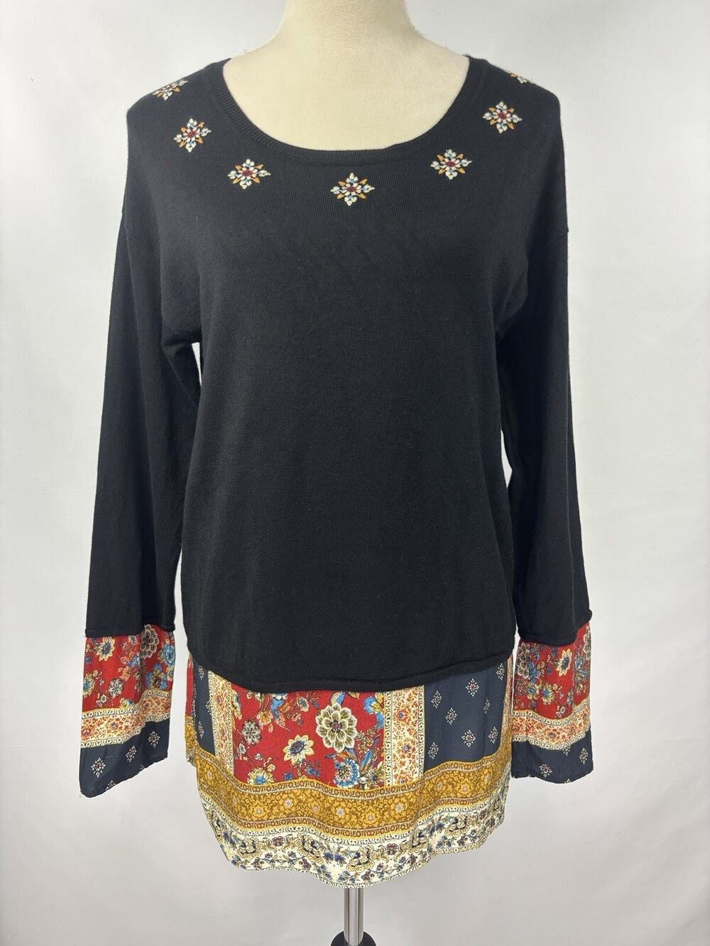 Desigual Mixed Media Sweater Black Medium Embroidered Layered Look